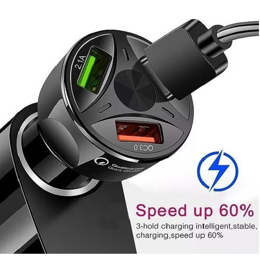CARGADOR AUTO 3 PUERTOS USB 7A / 12V QC 3.0 CARGA RÁPIDA NEGRO - 3