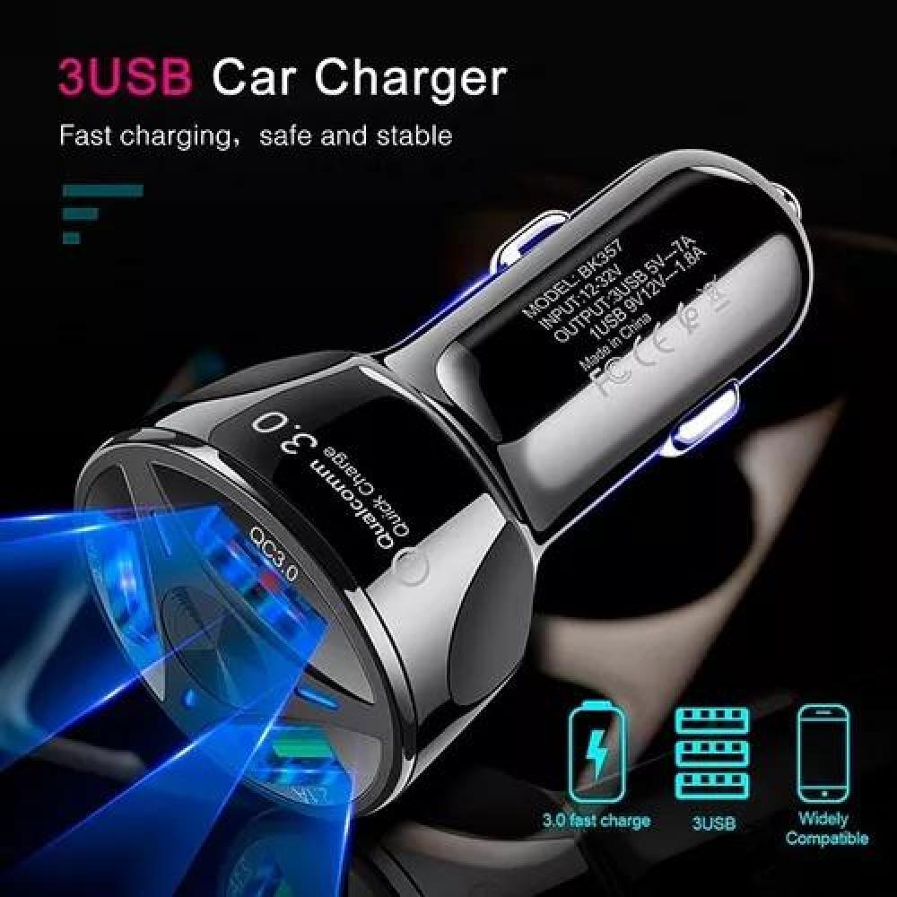 CARGADOR AUTO 3 PUERTOS USB 7A / 12V QC 3.0 CARGA RÁPIDA NEGRO - 4