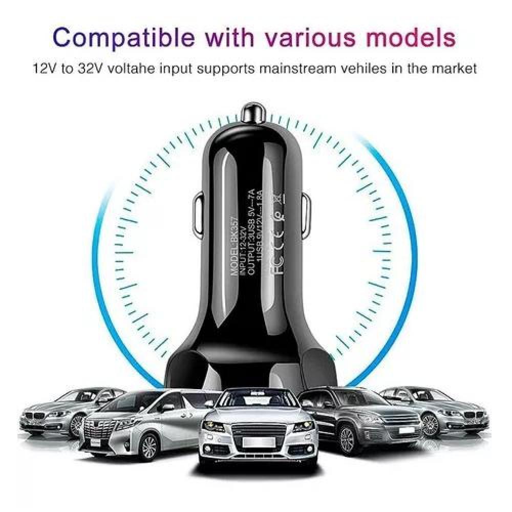 CARGADOR AUTO 3 PUERTOS USB 7A / 12V QC 3.0 CARGA RÁPIDA NEGRO - 5
