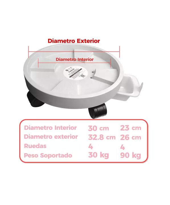PORTA MACETA BASE MÓVIL CON RUEDAS Y BANDEJA DRENAJE 30CM X 3 - 5
