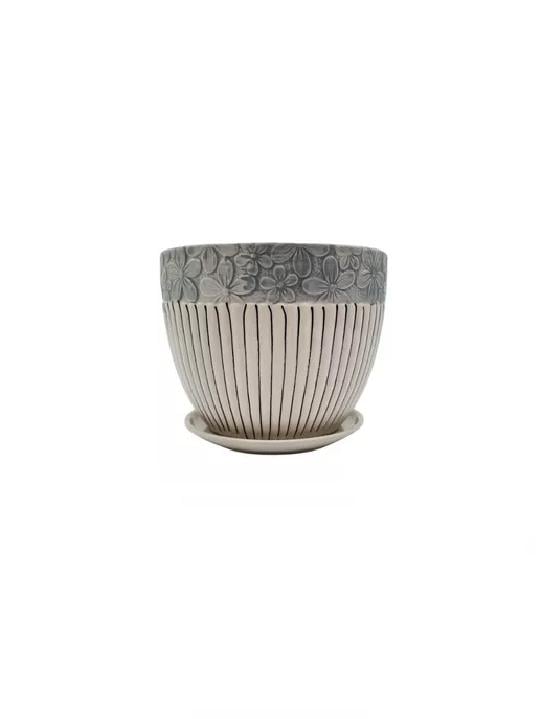 SET DE 3 MACETEROS CERÁMICA BLANCA CON FLORES Y LÍNEAS - 1