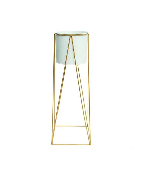PORTA MACETERO PEDESTAL BLANCO Y DORADO PARA PLANTAS - 1