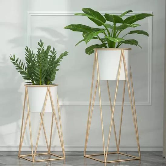 PORTA MACETERO PEDESTAL BLANCO Y DORADO PARA PLANTAS - 4