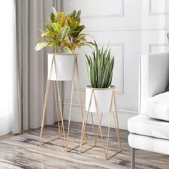 PORTA MACETERO PEDESTAL BLANCO Y DORADO PARA PLANTAS - 6