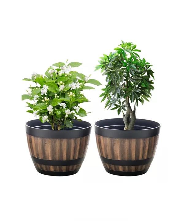 2 MACETEROS BARRIL SIMULACIÓN MADERA 4L CON AGUJERO 22.8X17CM - 2