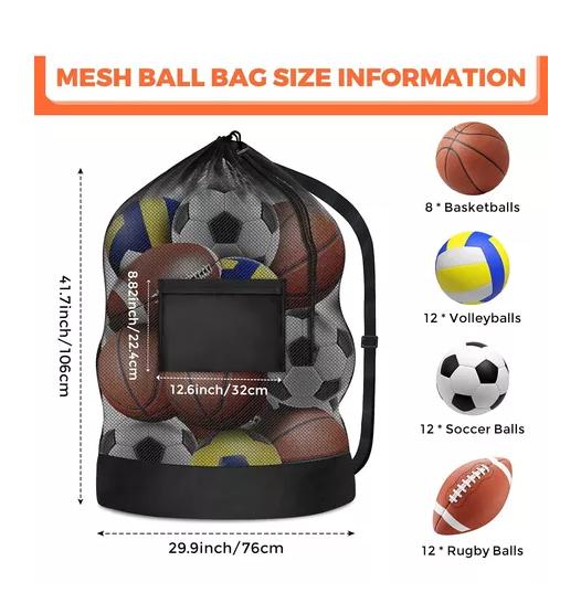 BALONERA SACO BOLSO MALLA PARA TRASLADO DE BALONES, PORTA 106X76 CM NEGRO - 5
