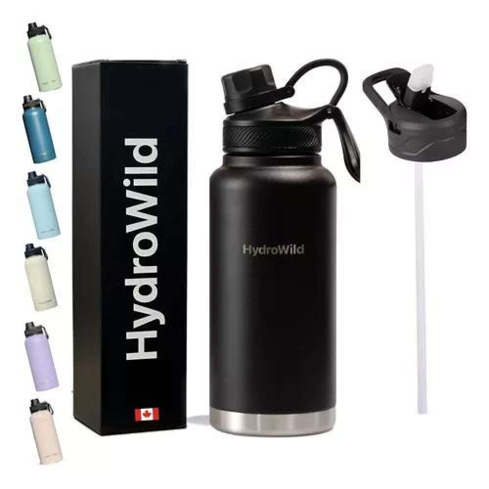 BOTELLA TÉRMICA DE 1 LITRO, INOXIDABLE, HYDROWILD, 1000 ML, CON TAPAS, COLOR NEGRO - 1
