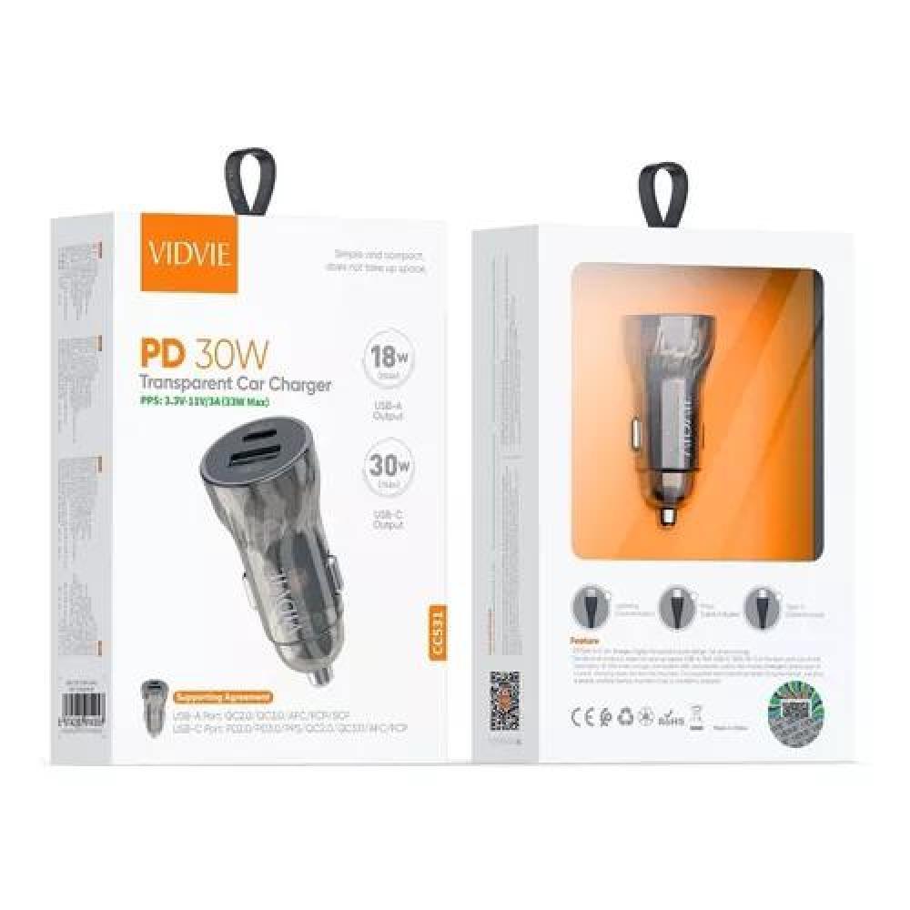 CARGADOR DE AUTO 2 PUERTOS TIPO C Y USB 30W VIDVIE NEGRO - 1