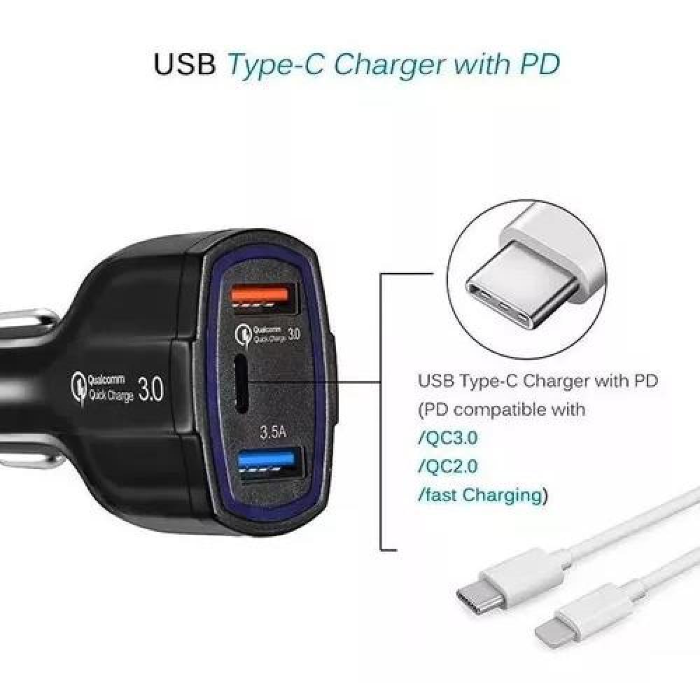 CARGADOR RÁPIDO AUTO DOBLE USB Y TIPO C QC3.0 NEGRO - 3
