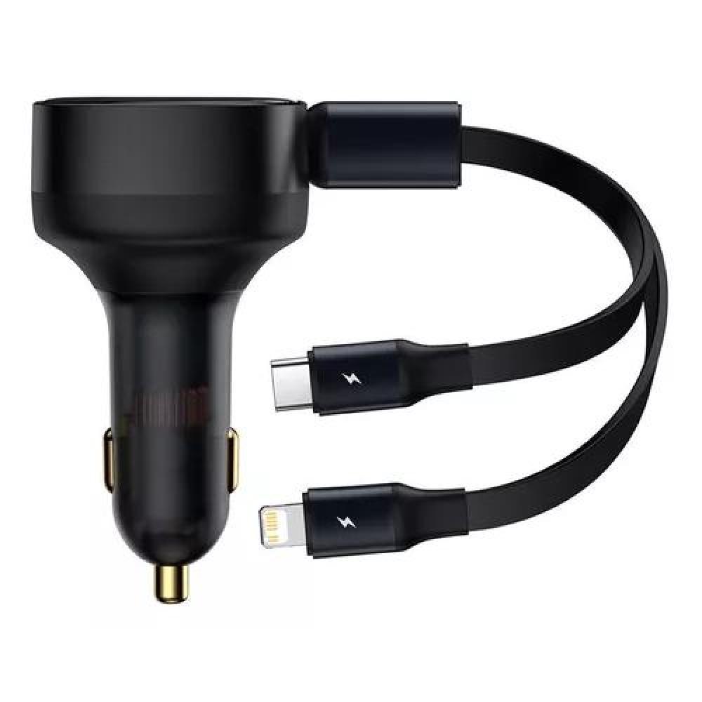 CARGADOR RÁPIDO AUTO BASEUS 2 EN 1 CABLE RETRÁCTIL 30W NEGRO - 1