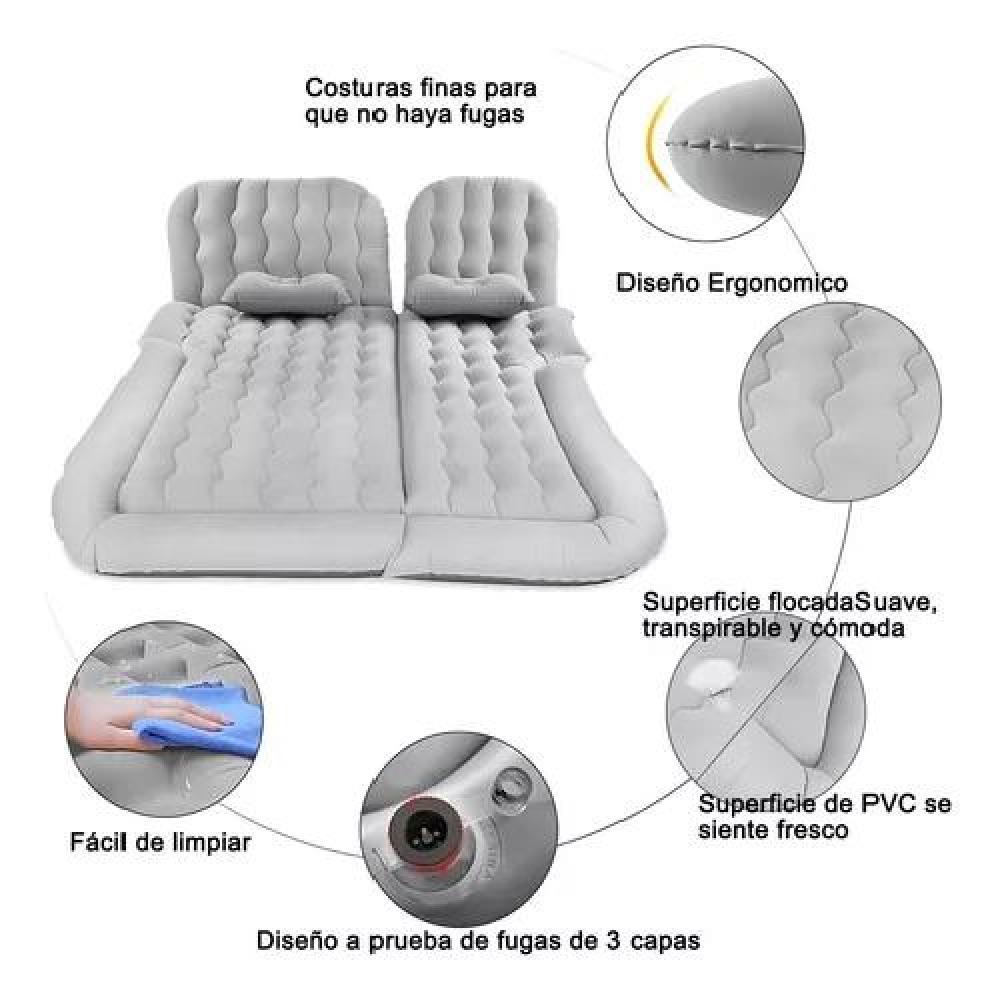 COLCHÓN INFLABLE CON COMPRESOR 12V Y 2 ALMOHADAS PARA AUTO, COLOR GRIS - 3