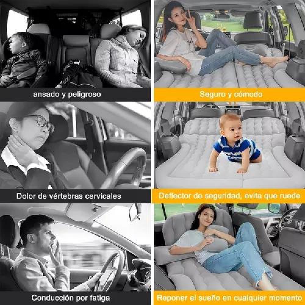 COLCHÓN INFLABLE CON COMPRESOR 12V Y 2 ALMOHADAS PARA AUTO, COLOR GRIS - 4