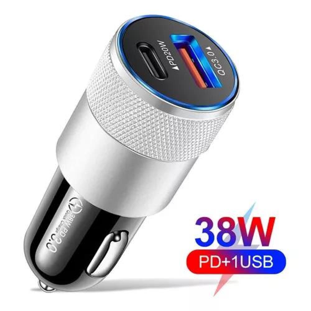 CARGADOR UNIVERSAL AUTO CAMIÓN USB-C CARGA RÁPIDA 3.0 PD 38W PLATEADO - 2