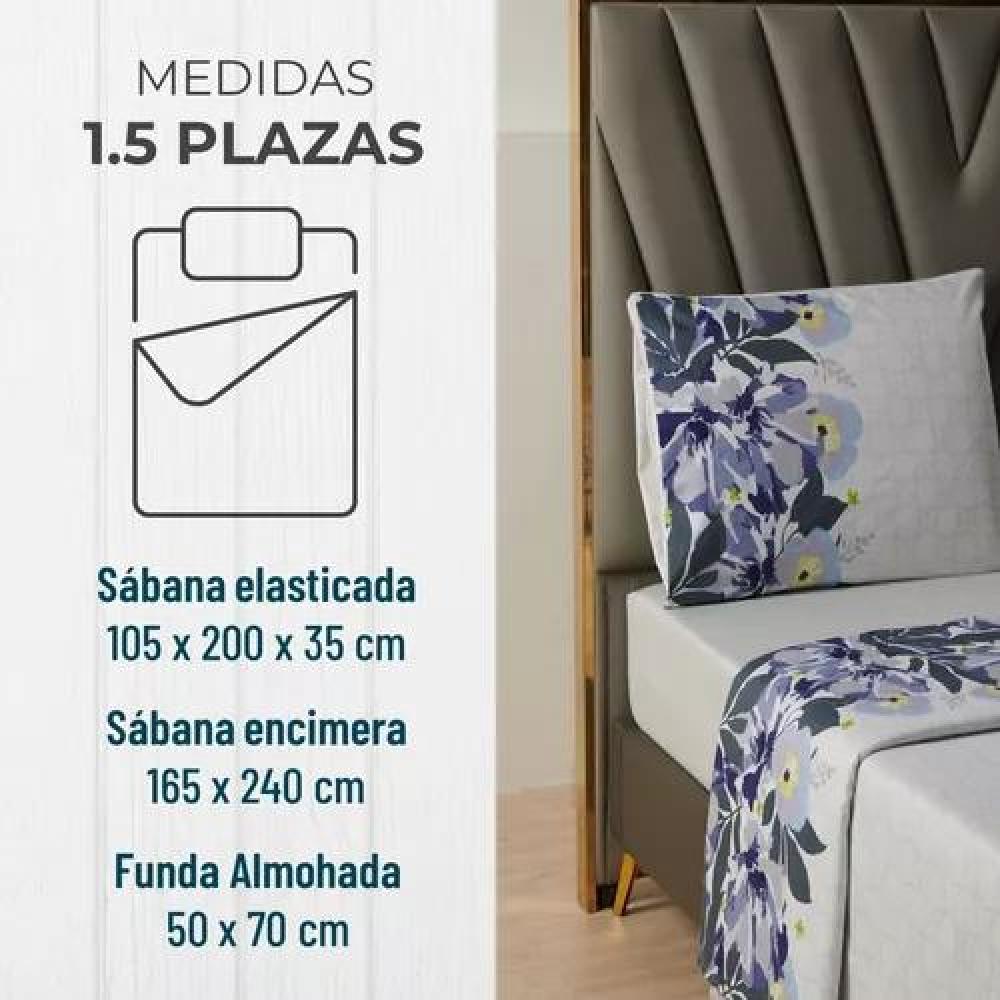 JUEGO DE SÁBANAS ESTAMPADAS ULTRA SUAVE + FUNDA ALMOHADA, 1.5 PLAZAS, FLORES AZULES - 2