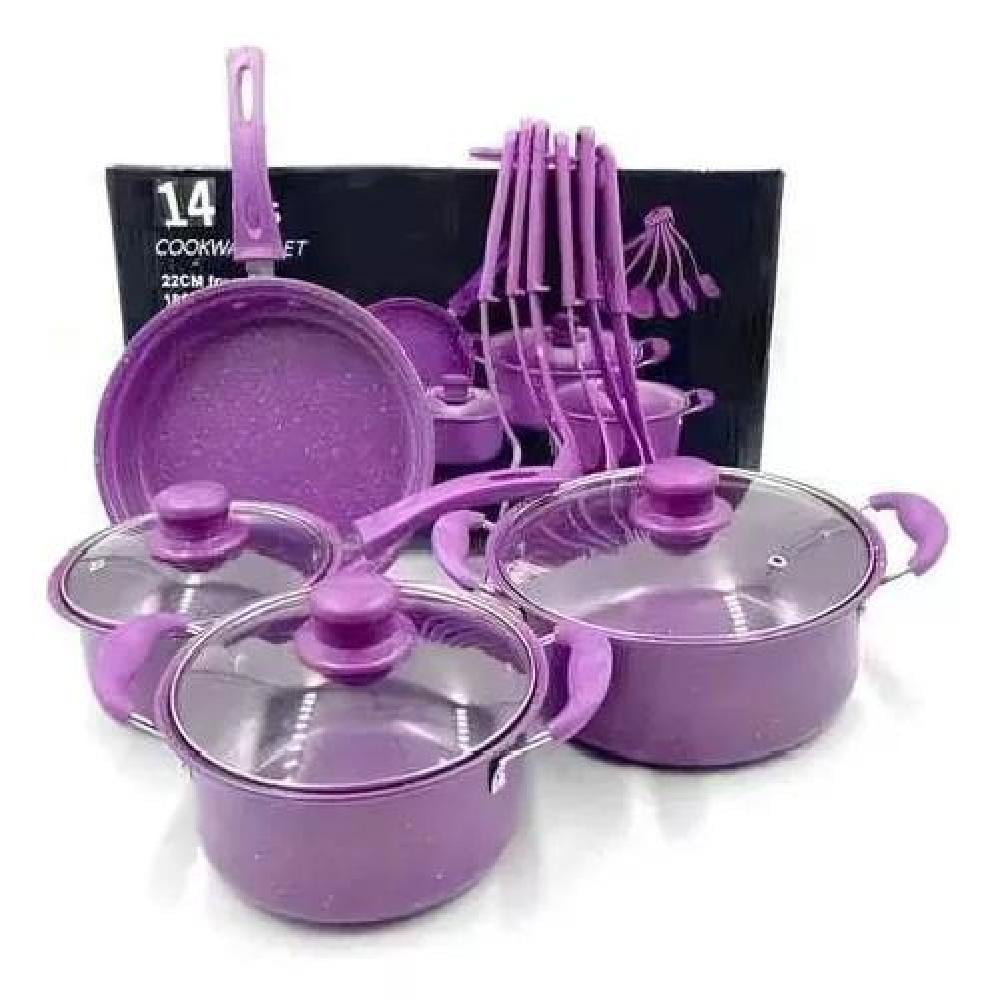 JUEGO DE OLLAS COCINA ANTIADHERENTE SET DE BATERIA 14 PIEZAS COLOR MORADO - 1