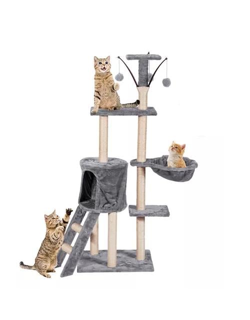 TORRE RASCADOR YUTE ARBOL GATOS POMPONES ESCALERA GRIS COLOR - 1