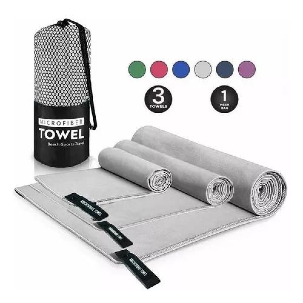 TOALLA DE BAÑO DE VIAJE DE MICROFIBRA, SECADO RÁPIDO, 3 PIEZAS, GRIS - 2