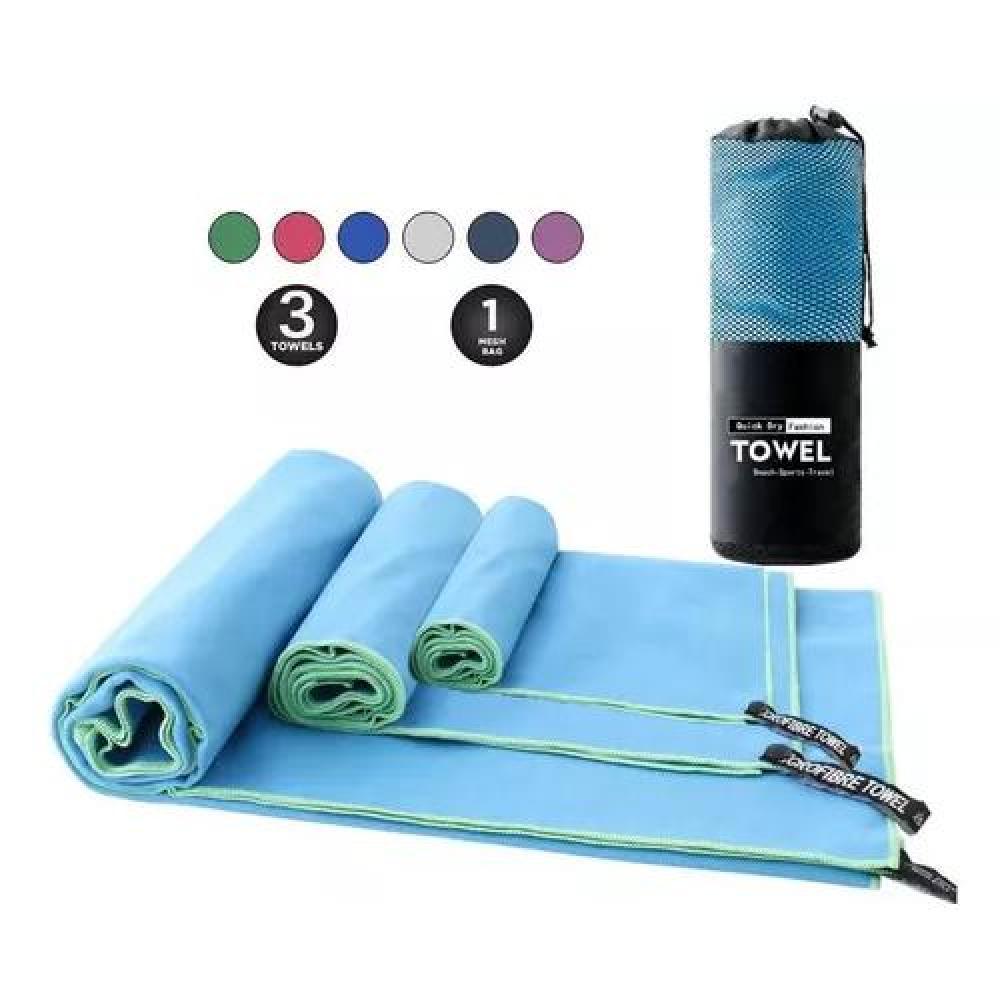 TOALLA DE BAÑO DE VIAJE DE MICROFIBRA, SECADO RÁPIDO, 3 PIEZAS, CELESTE - 1