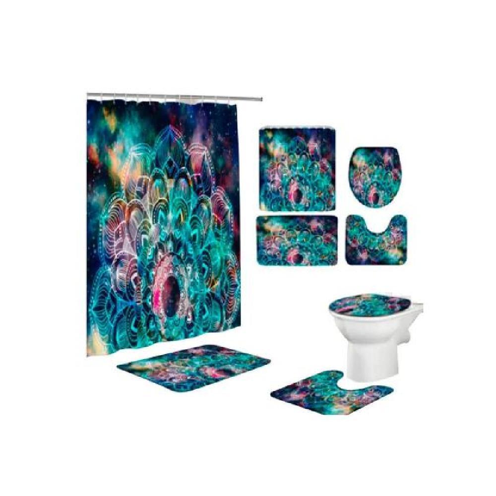 JUEGO DE 4 ALFOMBRILLAS Y CORTINA DE BAÑO, MANDALA TURQUESA - 1
