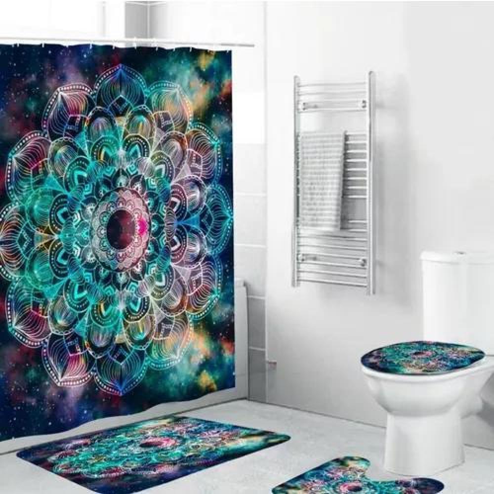 JUEGO DE 4 ALFOMBRILLAS Y CORTINA DE BAÑO, MANDALA TURQUESA - 2