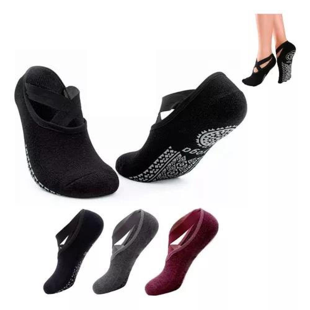CALCETINES ANTIDESLIZANTES PARA YOGA Y PILATES, SET DE 3 PARES, COLORES BORDÓ, NEGRO Y GRIS, T 41 - 1