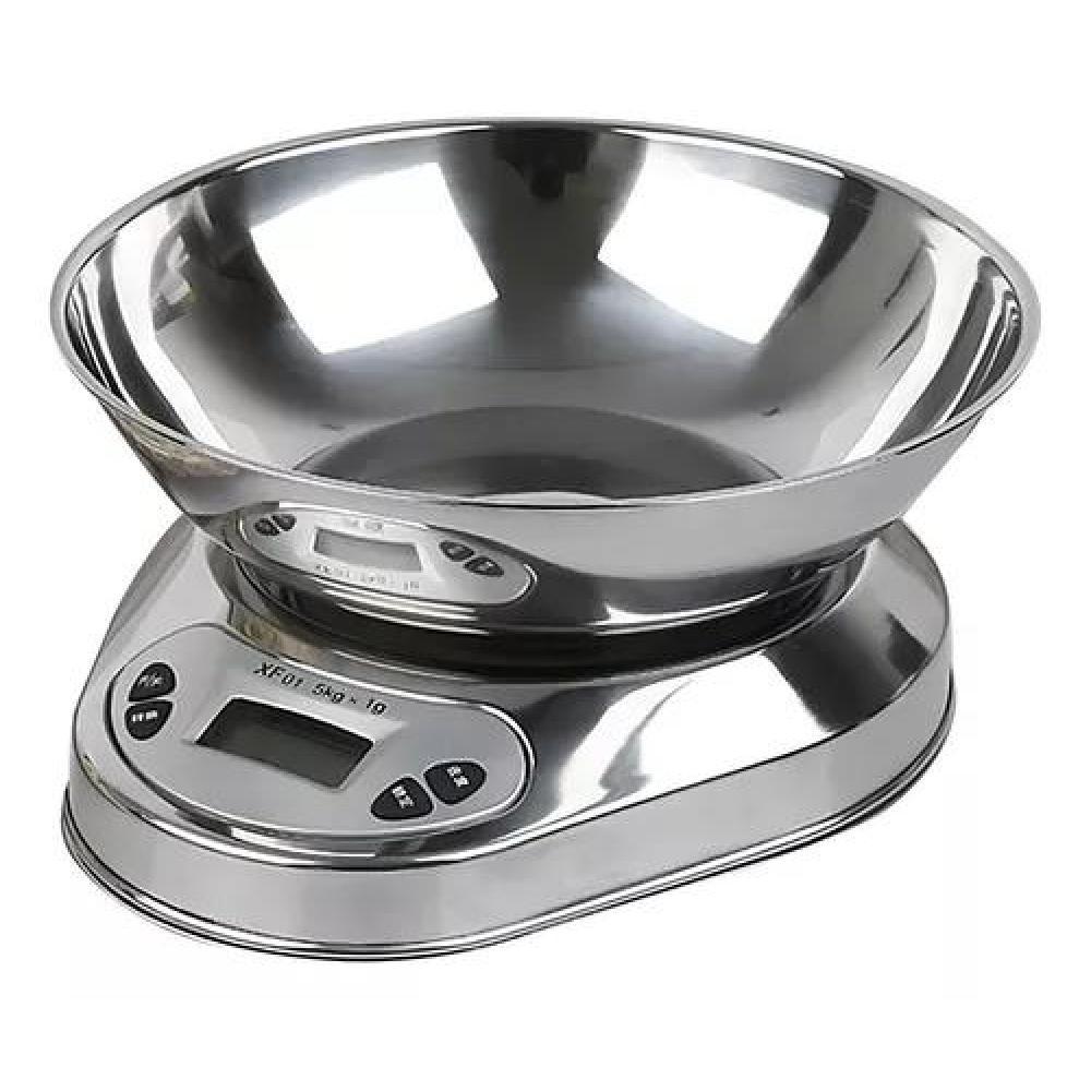 PESA DE COCINA FULL DE ACERO INOXIDABLE, 5 KG, 1 GR CON BOWL, COLOR GRIS - 1