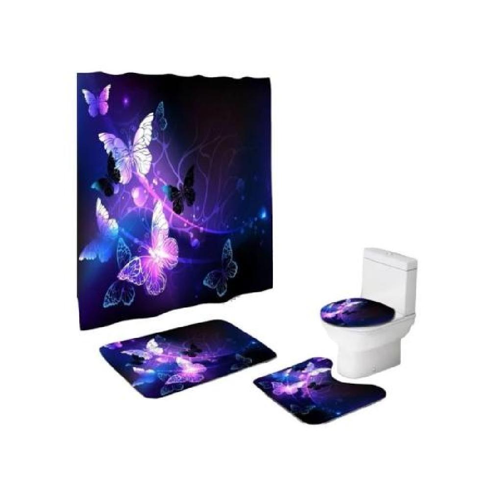 JUEGO DE 4 ALFOMBRILLAS Y CORTINA DE BAÑO, MARIPOSA MORADA - 1