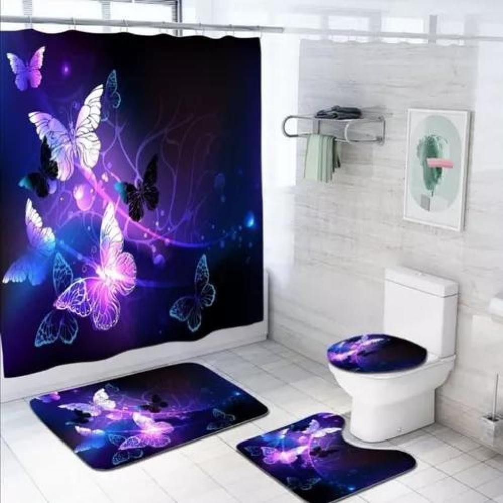 JUEGO DE 4 ALFOMBRILLAS Y CORTINA DE BAÑO, MARIPOSA MORADA - 2