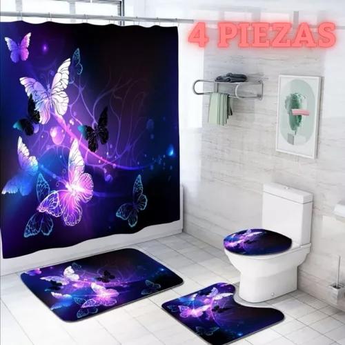 JUEGO DE 4 ALFOMBRILLAS Y CORTINA DE BAÑO, MARIPOSA MORADA - 3