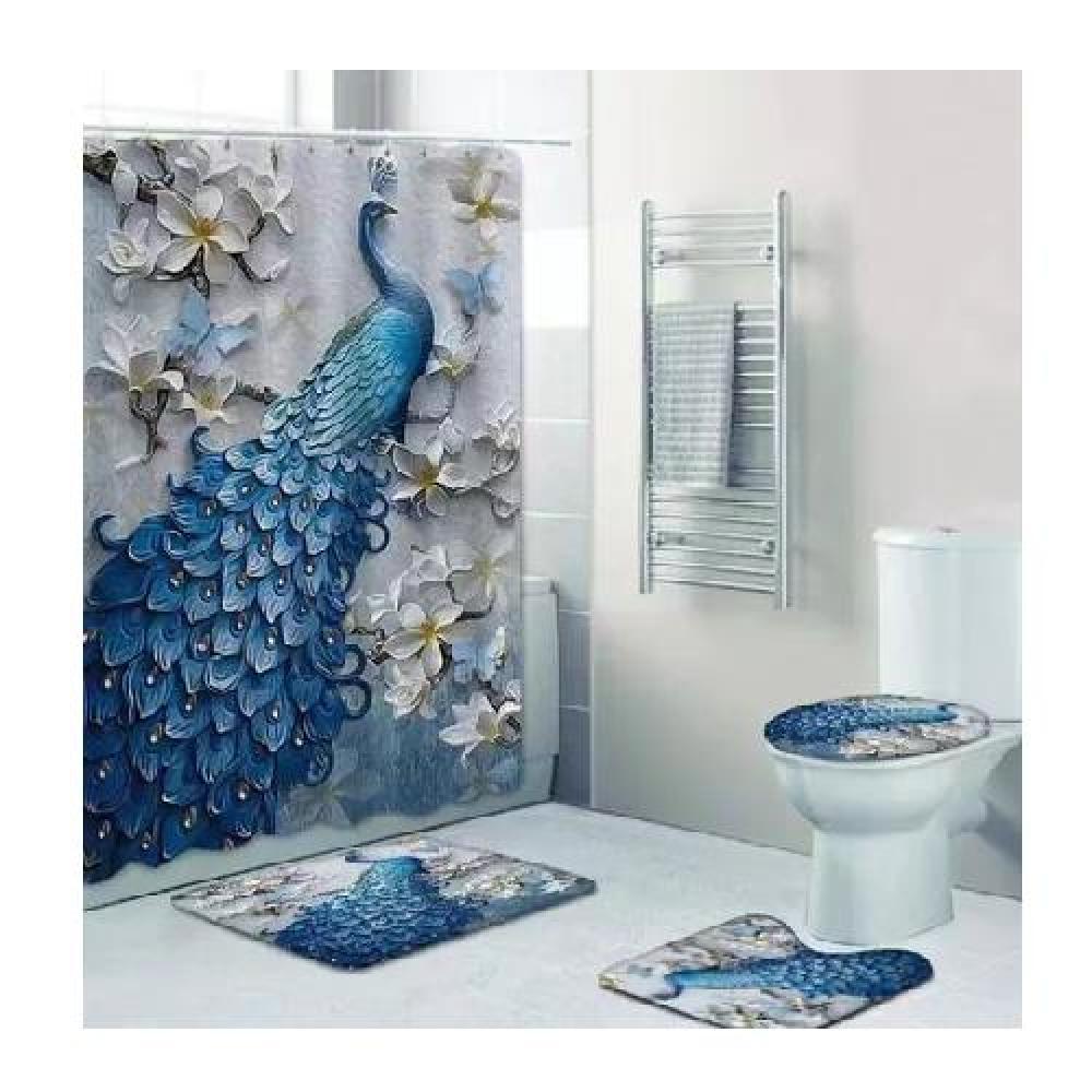 JUEGO DE 4 ALFOMBRILLAS Y CORTINA DE BAÑO, PAVO REAL - 1