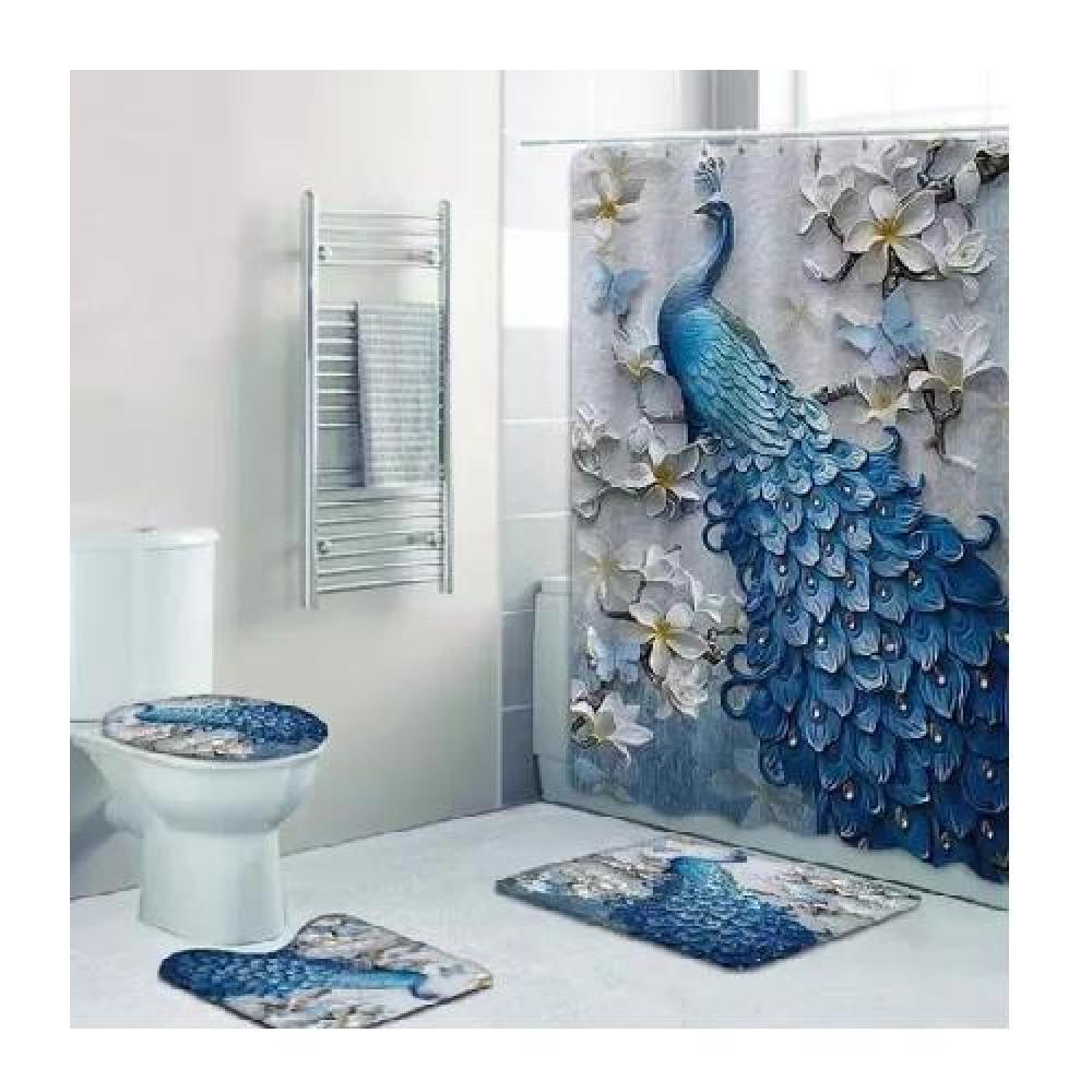 JUEGO DE 4 ALFOMBRILLAS Y CORTINA DE BAÑO, PAVO REAL - 2