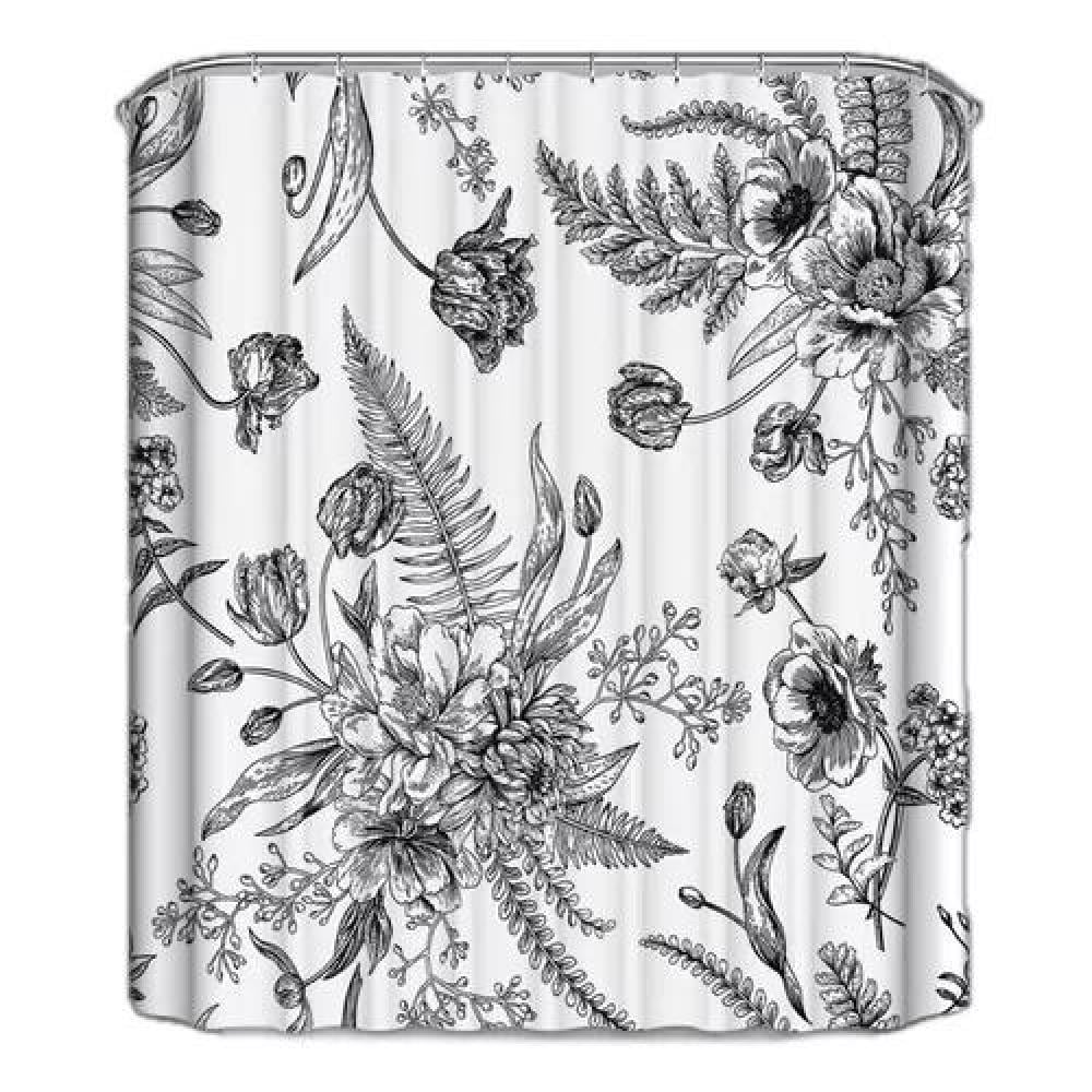 CORTINA DE BAÑO Y DUCHA, TELA IMPERMEABLE, BLANCA CON FLORES - 1