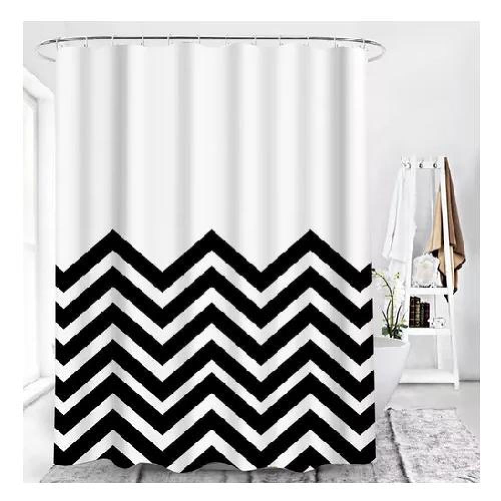 CORTINA DE BAÑO Y DUCHA, TELA IMPERMEABLE, BLANCA CON ONDAS NEGRAS - 1