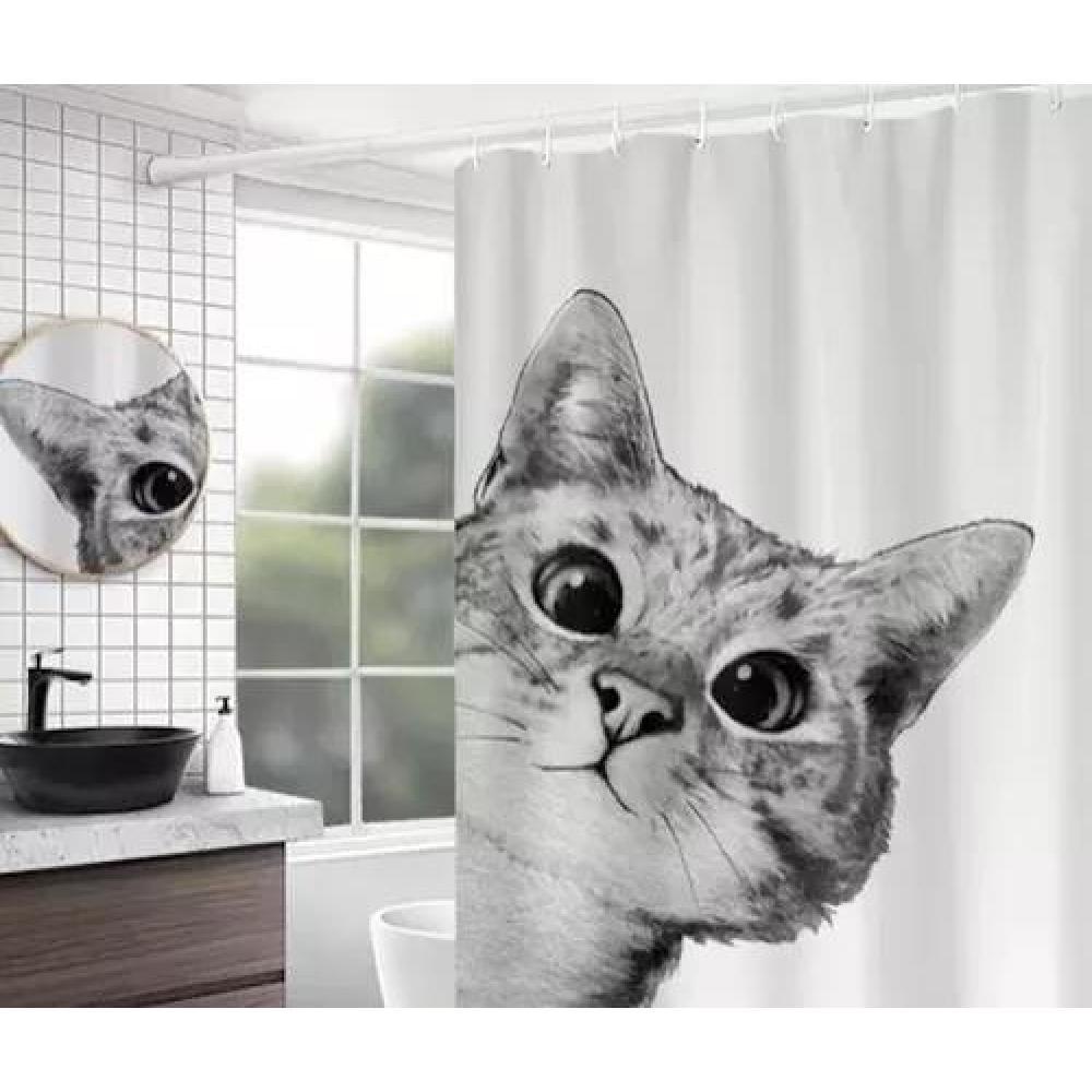 CORTINA DE BAÑO Y DUCHA, TELA IMPERMEABLE, GATO - 2