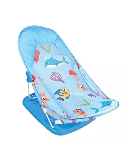 SILLA DE BAÑO PLEGABLE PARA BEBÉ CON ALMOHADA Y RED FLOTANTE, CELESTE - 1