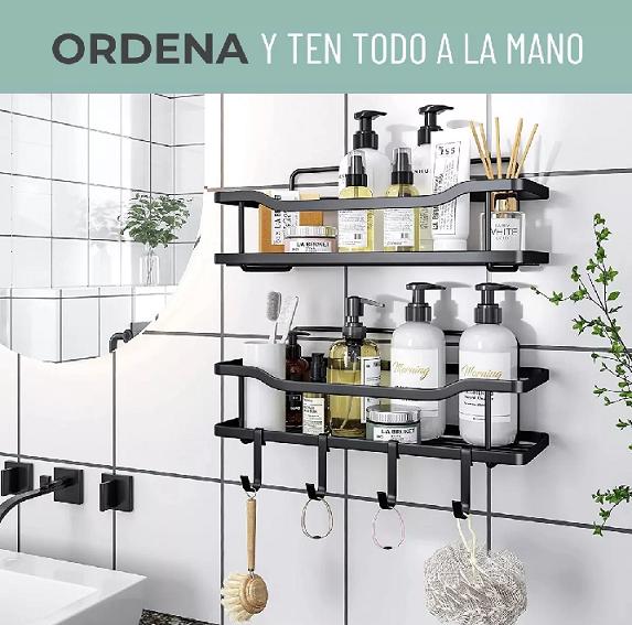 ORGANIZADOR DE DUCHA REPISA BAÑO ADHESIVO SET DE 2 INOXIDABLE NEGRO - 5