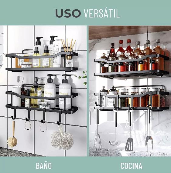 ORGANIZADOR DE DUCHA REPISA BAÑO ADHESIVO SET DE 2 INOXIDABLE NEGRO - 6