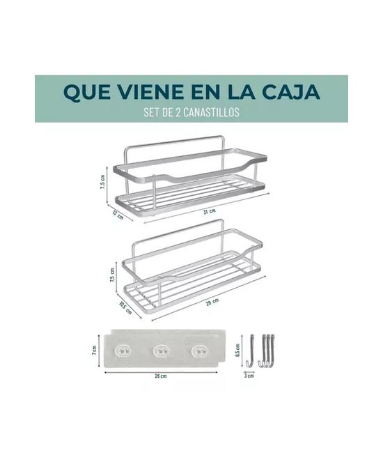 ORGANIZADOR DE DUCHA REPISA BAÑO ADHESIVO SET 2 INOXIDABLE BLANCO - 2
