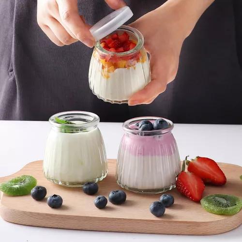 40 VASOS VIDRIO CON TAPA YOGURT POSTRE SOPA 130ML - 5