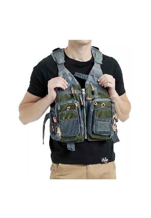 CHALECO DE PESCA CON MOCHILA SALVAVIDAS PESCADOR MOSCA, GRIS - 1