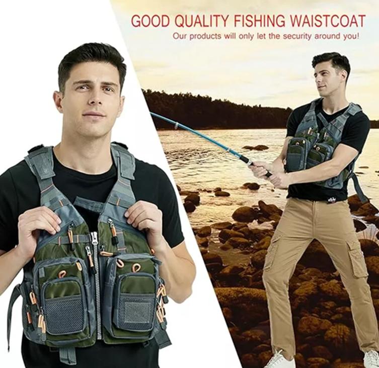 CHALECO DE PESCA CON MOCHILA SALVAVIDAS PESCADOR MOSCA, GRIS - 4