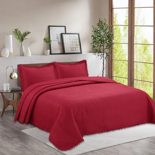 CUBRECAMA QUILT POMPONES 2 PLAZAS COLOR ROJO - 1