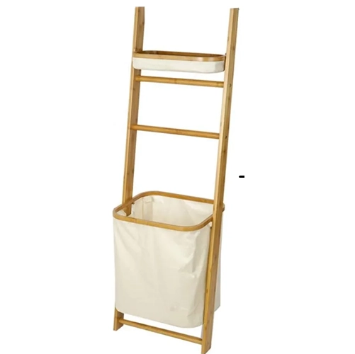CESTO LAVANDERIA BAMBU CON ESTANTE TOALLERO COLOR BLANCO - 1