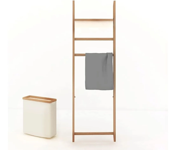 CESTO LAVANDERIA BAMBU CON ESTANTE TOALLERO COLOR BLANCO - 5