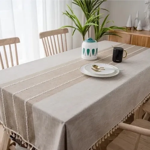 MANTEL RECTANGULAR ALGODON 140X220 RAYAS BEIGE - 1
