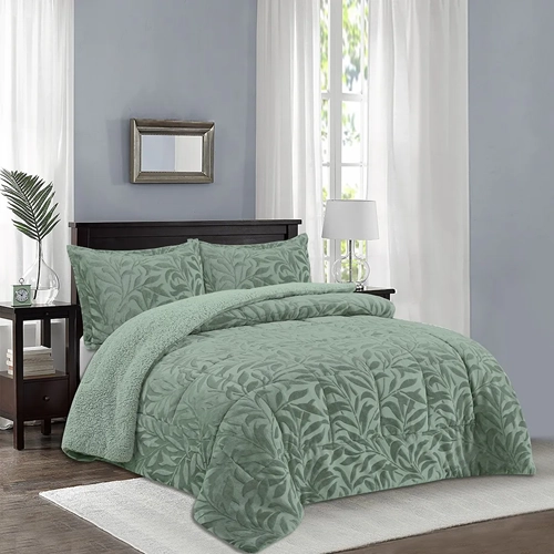 CUBRECAMA DORAL 2 PLAZAS SHERPA HOJAS COLOR VERDE - 1