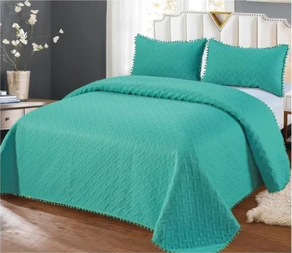 CUBRECAMA QUILT POMPONES 2 PLAZAS COLOR TURQUESA - 3