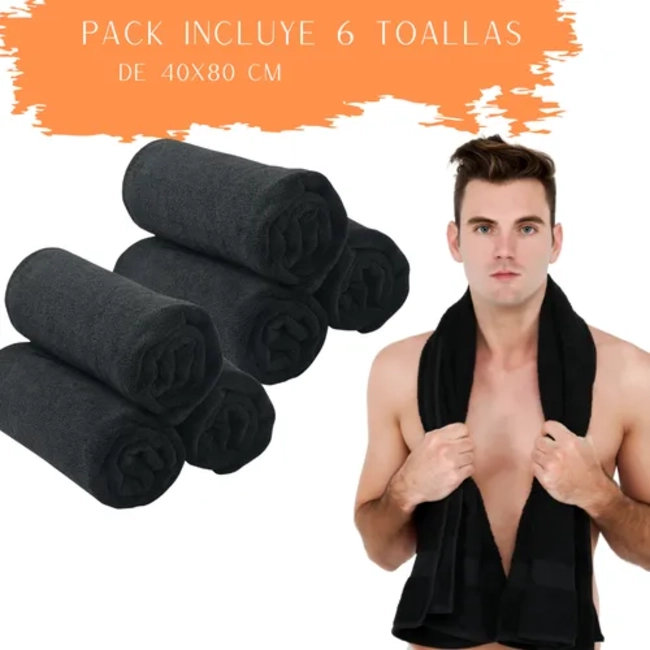PACK 6 TOALLAS MICROFIBRA 40X80 CM NEGRA SPA GYM PELUQUERIA - 2