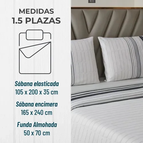 JUEGO SABANAS CASATUA RAYAS GRIS 1.5 PLAZA - 2