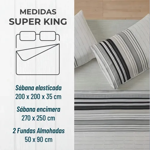 JUEGO SABANAS CASATUA ESTAMPADAS RAYAS SUPER KING COLOR GRIS - 2